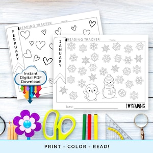 Kinderen lezen tracker dagboek afdrukbare maandelijkse kleurboek boekenlog, student homeschool grafiek planner, educatieve uitdaging, instant download