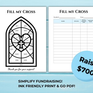 Peut inclure: Feuille de collecte de fonds imprimable en noir et blanc avec un motif de croix. La croix est divisée en sections avec des montants en dollars de 15 $ à 50 $. Le texte "Fill My Cross" est en haut de la feuille. Le texte "Raise $700" est dans un cercle bleu en bas de la feuille.
