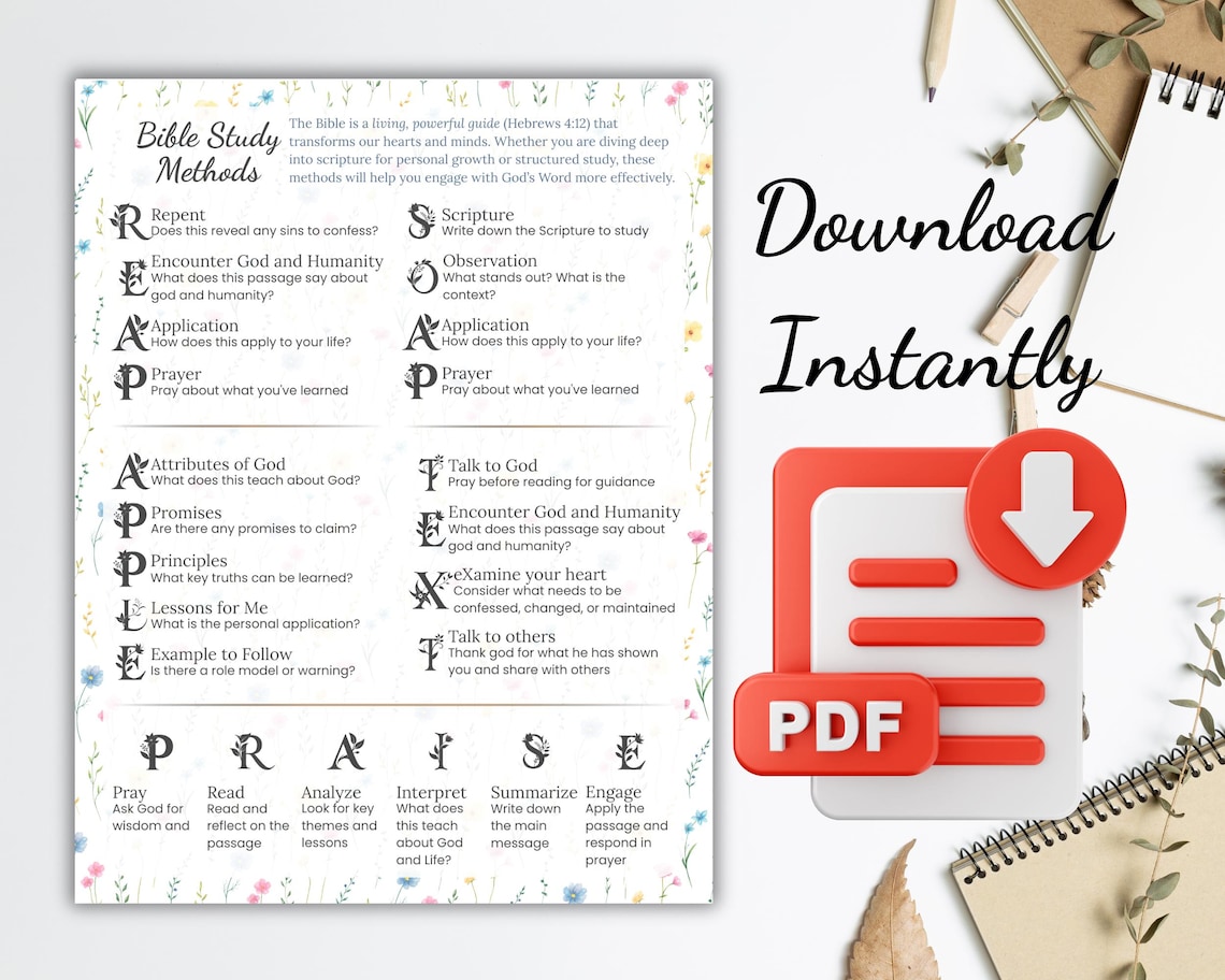 Bible Study Methods Cheat Sheet Digital Bible Study Guide, Elegant ...