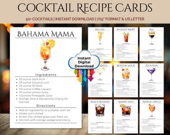 Cocktail Recipe Cards for Barcart - Cocktail Recipe Cards for Home Mixology - Perfect for Parties - PDF & PNG
