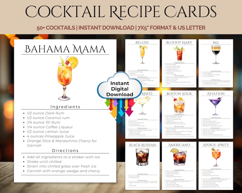Cocktail Recipe Cards for Barcart - Cocktail Recipe Cards for Home ...