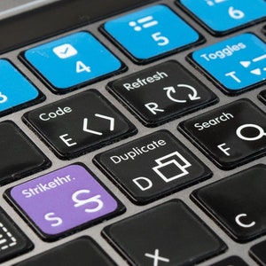 May include: A close-up of a laptop keyboard with various keys labeled with functions like "Select All", "Strikethr.", "Duplicate", "Refresh", "Search", "Toggles", "Code", "Bold", and "Last Style".