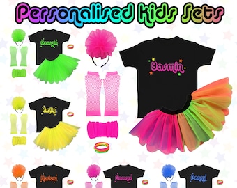 Ensemble de déguisements de fête phosphorescents pour enfants, déguisement d'anniversaire néon personnalisé, nom personnalisé fait main au Royaume-Uni