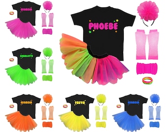 80&#39;s Fancy Dress Kids Set Personalised Birthday Costume Neon Party Tutu Handmade Custom Your Text here Baby Toddler Kid All Sizes Length