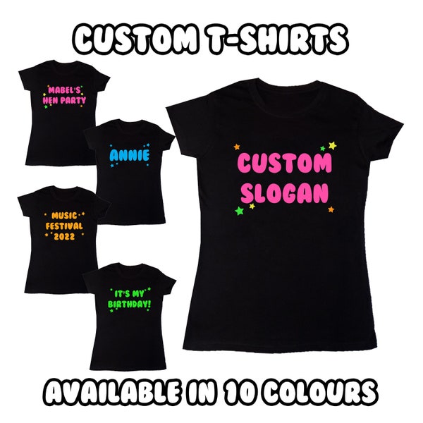 T-shirt personnalisé étoiles néon, tenue de travail unisexe, chemise avec texte personnalisé, chemise cerf-volant, chemise enterrement de vie de jeune fille