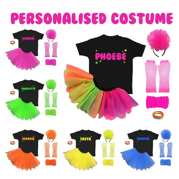 80er Kostüm Kinder Set Personalisierte Geburtstagskostüm Neon Party Tutu Handgemachte Benutzerdefinierte Ihr Text hier Baby Kleinkind Kind Alle Größen Länge