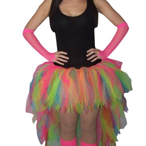 Neon Multicoloured Tutu Skirt Longer Back Legwarmers & Gloves All Sizes 80&#39;s Night Hen Party Carnival Fancy Dress