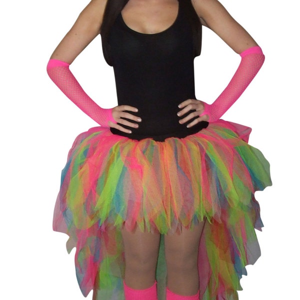 Neon Multicoloured Tutu Skirt Longer Back Legwarmers & Gloves All Sizes 80's Night Hen Party Carnival Fancy Dress