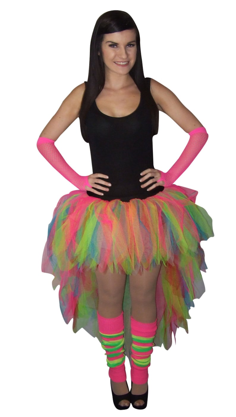 Dance School Neon 3 Layer Tutu Skirt Fishnet Gloves Legwarmers Beads Bangle