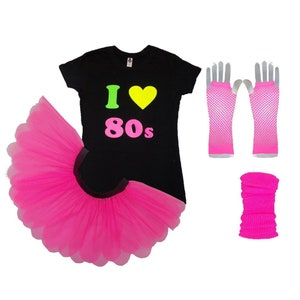 Neon 80s Costume Set - I Love the 80s T-Shirt, Tutu, Legwarmers, Gloves