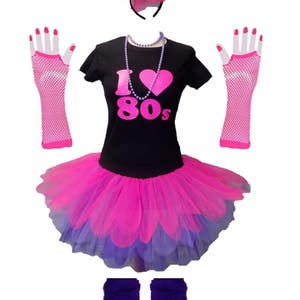 I Love 80s Pink Lilac Purple Tutu Skirt 80&#39;S PINK Fancy Dress T Shirt Set Hen Party Beads Glow