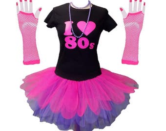 I Love 80s Pink Lilac Purple Tutu Skirt 80'S PINK Fancy Dress T Shirt Set Hen Party Beads Glow