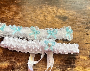 Personalised Bridal Garter White with Something Blue Bows, Wedding Gift for Bride