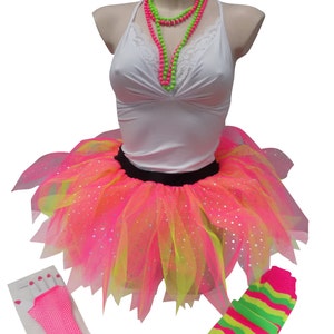 Neon Tutu Skirt with Legwarmers Gloves & Beads 1980's Madonna Style 80s Fancy Dress