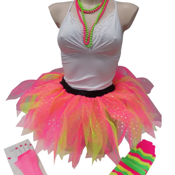 Neon Tutu Skirt with Legwarmers Gloves & Beads 1980's Madonna Style 80s Fancy Dress