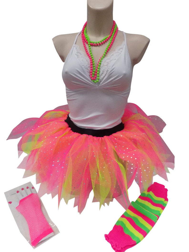 NEON 5 LAYER TUTU SKIRT 80S FANCY DRESS LEGWARMERS GLOVES BEADS HEADBAND PLUS