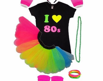 Children's I Love 80's Neon Tutu Skirt Black T-Shirt Gloves Headband Legwarmers Fancy Dress Party