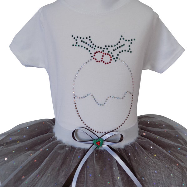 Baby Girl Toddler Christmas Pudding Bling Baby Grow or T-Shirt with Shimmer Tutu Skirt & Headband