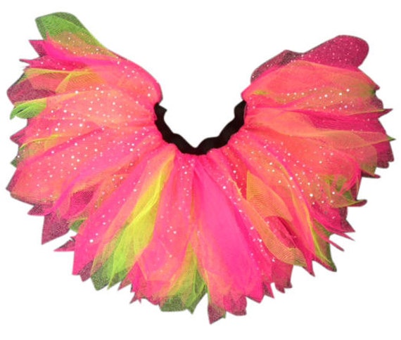 Neon Tutu Skirt 80s Fancy Dress Hen Party Fun Run Flo Pink Diamante Sparkle Set
