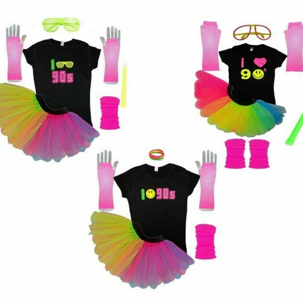 Fancy Dress Neon I Love 90s Rainbow T-Shirt Tutu Set Glowsticks Hen Party Glasses