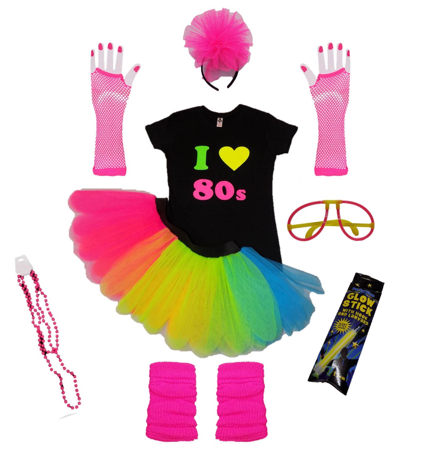 Neon Tutu Skirt With Glow Stick Accessories, T-shirt Set, Leg Warmers Gloves,  Beaded Necklace, Hen Party Outfit 80s Fun 