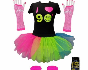 I Love the 90s Childrens Kids Neon Rainbow T-Shirt and Tutu Fancy Dress Set