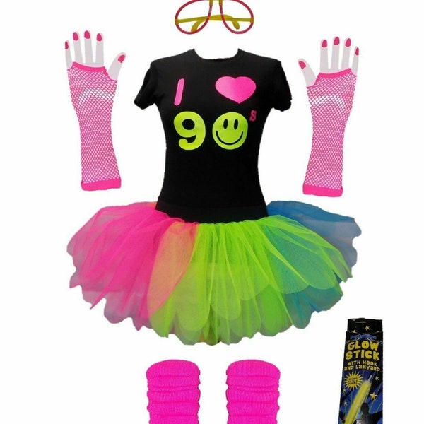 90s Childrens Kids Party Costume Neon T - Shirt Tutu Set Personalised Vinyl Name Glow Stick Glo Glasses Girl Toddler