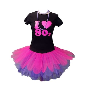 I Love 80s Pink Lilac Purple Tutu Skirt 80'S PINK Fancy Dress T Shirt Set Hen Party Beads Glow image 2