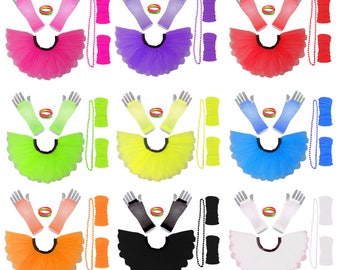 Neon Tutu Skirt Fancy Dress Hen Party Birthday Leg Warmers Gloves Beaded Necklace Club Wear