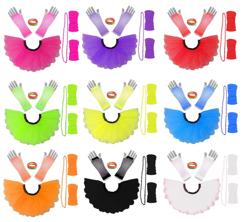 Fishnet Gloves /& 4 Pack Beads Set Neon Fancy Dress 80s Theme Neon Tutu Skirt