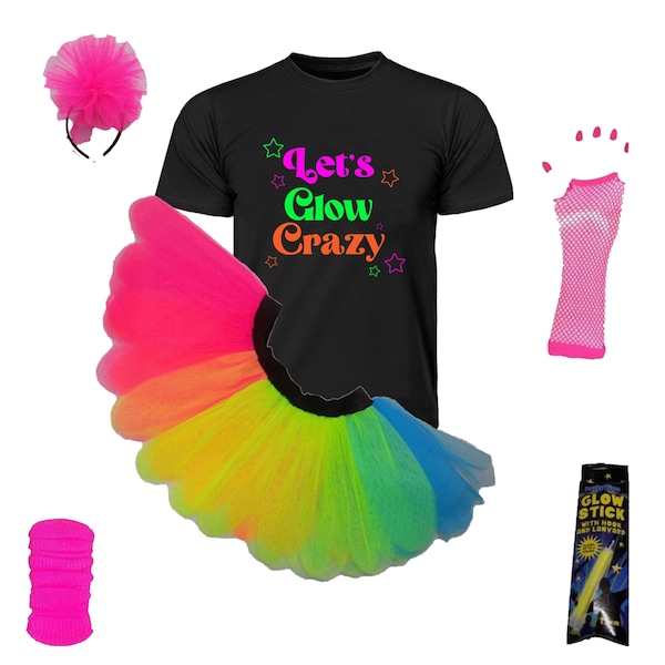Let's glow crazy neon pink tutu 80's fancy dress T shirt set leg warmer gloves glow stick