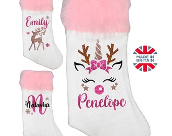 Personalised Christmas Stocking, Unicorn Reindeer, Rose Gold Handmade Gift Xmas Present Customise Your Text here Mum Dad