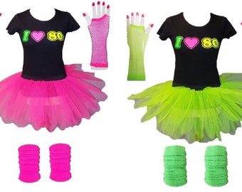 Ensemble jupe tutu néon des années 80, t-shirt imprimé, jambières, gants, rose fluo ou vert