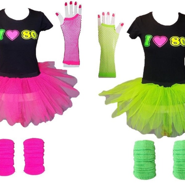 80s Neon Tutu Rock Set, Bedrucktes T-Shirt, Stulpen, Handschuhe, Neon Pink oder Grün