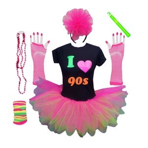I Love 90s Neon Tutu Skirt 90&#39;s Fancy Dress T shirt Set Hen Party Music Festival