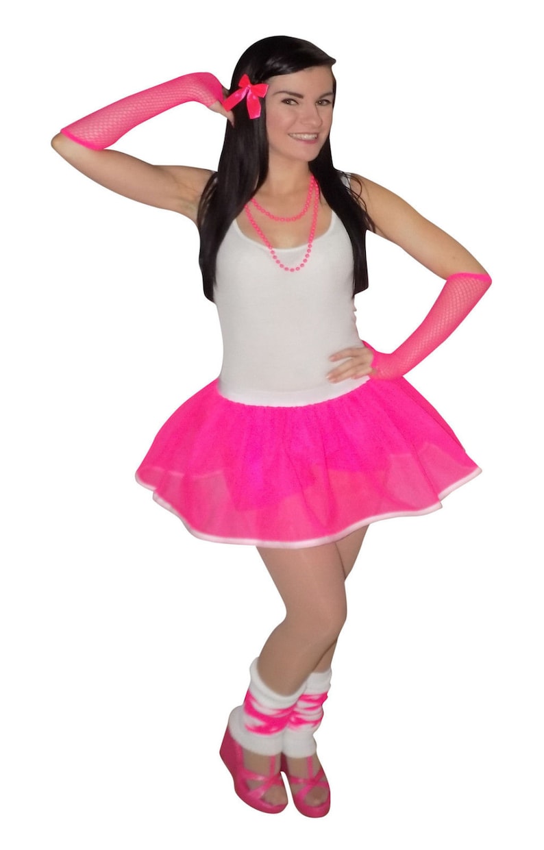 MADE IN THE 80s Ladies Drop Top Outfit Fancy Dress Costume Neon Tutu 80/'s Gloves