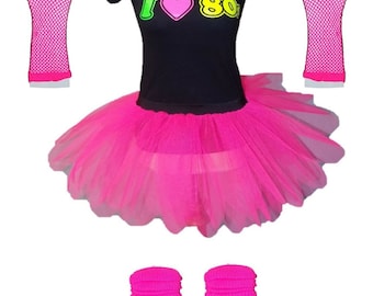 Neon 80s Tutu Skirt Set with Funky Printed Tee - Retro Outfit with Leg Warmers & Gloves