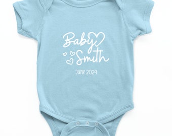 Personalised Baby Grow Pregnancy Announcement Blue Vest Bodysuit Unisex Present Custom Hand Printed Gender Reveal Due Date
