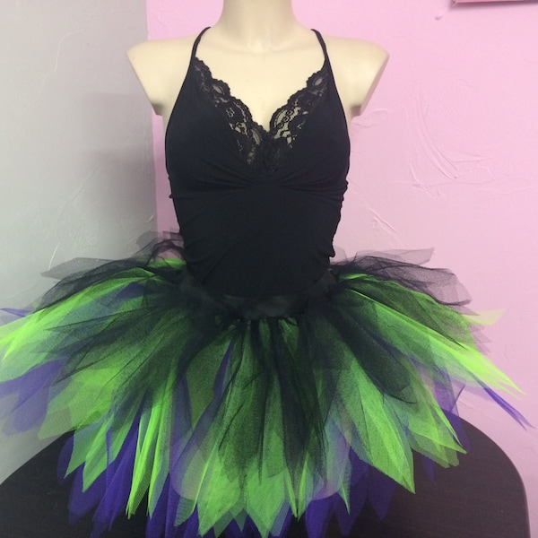 Neon Tutu Skirt Gothic Witch Fancy Dress 1980's Party 6 Layers Black Flo Green Purple