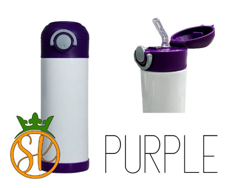 May include: A white stainless steel water bottle with a purple lid and a straw. The lid has a flip top and a button to open the straw. The bottle is labeled "PURPLE".