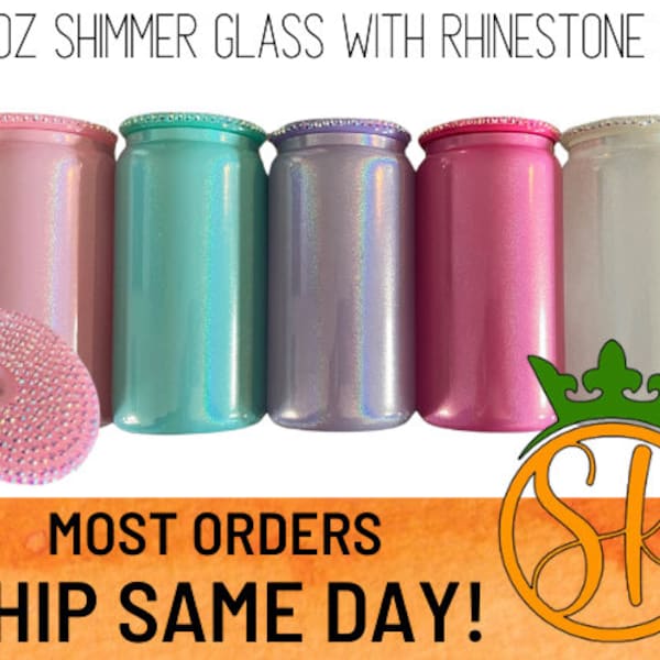16oz Shimmer Holographic Sublimation Glass with Rhinestone Lid | Blanks | Gifts | Light Pink | Teal | Lilac | Hot Pink | White | Sublimation