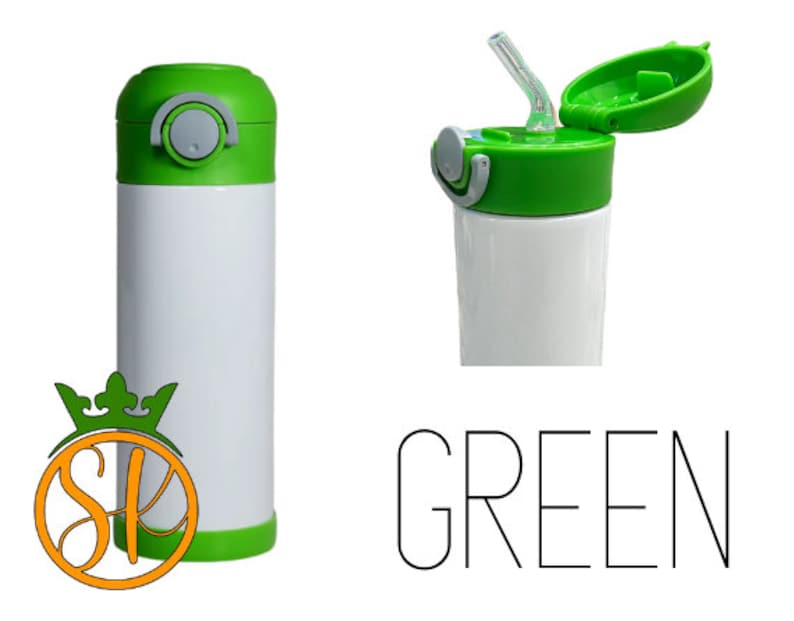 May include: Green stainless steel water bottle with a green lid and a straw. The lid has a flip top and a built-in straw.