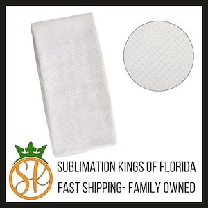 May include: A white, rectangular sublimation towel with a textured waffle weave pattern. A circular close-up of the towel's texture is shown. The text "SUBMLIMATION KINGS OF FLORIDA" and "FAST SHIPPING- FAMILY OWNED" is displayed.