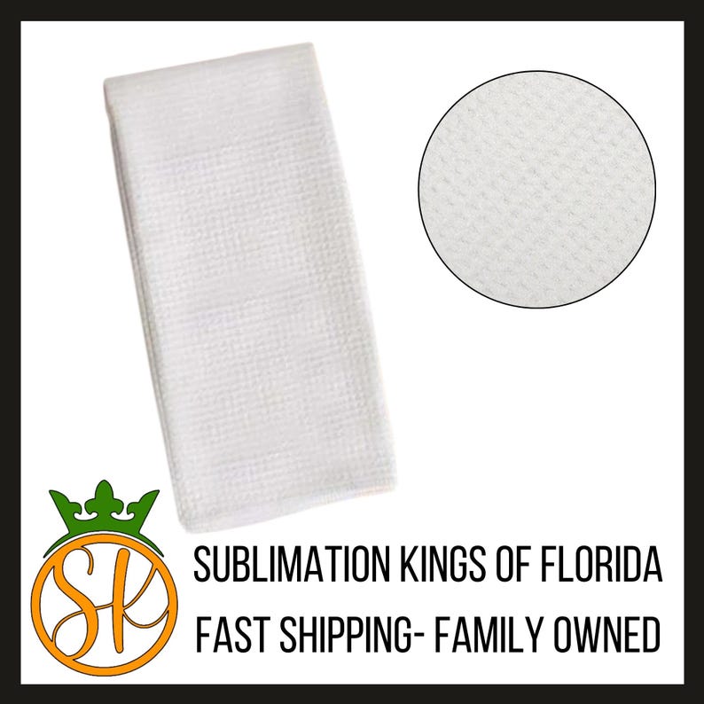 Puede incluir: Una toalla de sublimaci&oacute;n blanca y rectangular con un patr&oacute;n de tejido de gofre texturizado. Se muestra un primer plano circular de la textura de la toalla. Se muestra el texto "SUBMLIMATION KINGS OF FLORIDA" y "FAST SHIPPING- FAMILY OWNED".