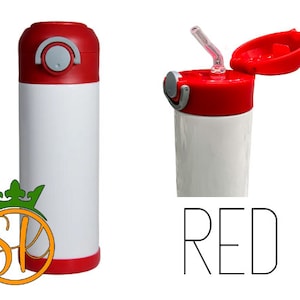 May include: A white stainless steel water bottle with a red lid and a straw. The lid has a flip-top opening and a button to release the straw. The bottle is labeled "RED".