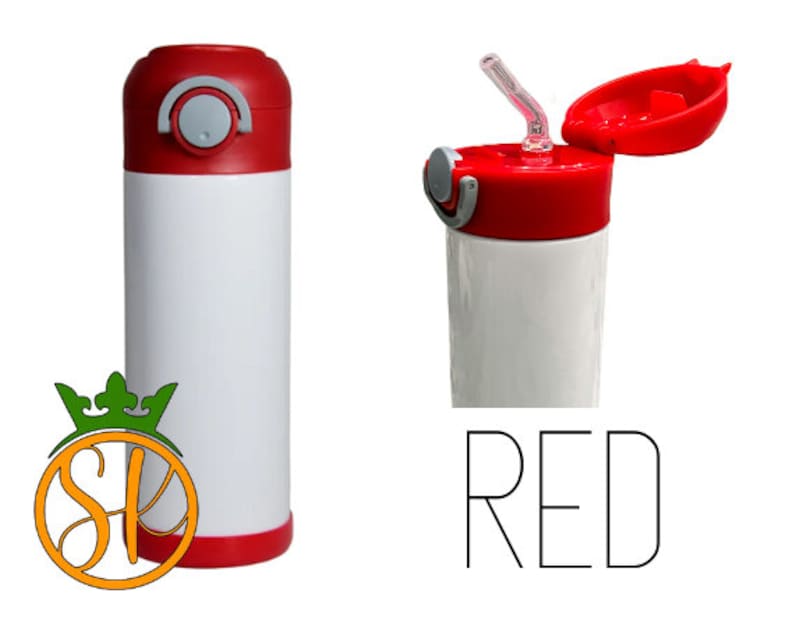 May include: A white stainless steel water bottle with a red lid and a straw. The lid has a flip-top opening and a button to release the straw. The bottle is labeled "RED".