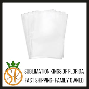 May include: A stack of clear plastic bags, perfect for packaging and shipping items.  Sublimation Kings of Florida, Fast Shipping - Family Owned.