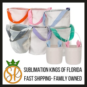 May include: Set of nine canvas Easter baskets with various colored handles. The baskets are blank and ready for sublimation.  The baskets are perfect for holding Easter eggs or other treats.