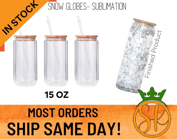 Double Walled 15 Oz Sublimation Snow Globe Glass Can Blank Snow Globe Glass  Glitter Sublimation Kings of Florida Glycerin Bamboo Lid 