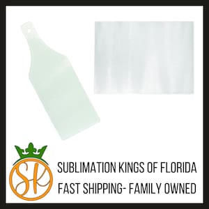 May include: Two white sublimation blank cutting boards. One is a rectangular shape and the other is a long, narrow shape with a handle. The boards are made of a textured material.
